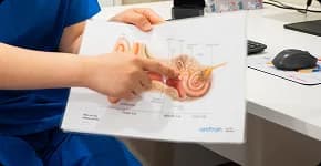 Audiologist explaining ear anatomy to a patient using a model chart